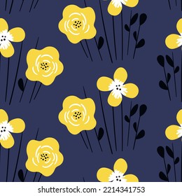 Seamless floral pattern based on traditional folk art ornaments. Art flowers on color background. Scandinavian style. Sweden nordic style. Vector illustration. Simple minimalistic pattern.