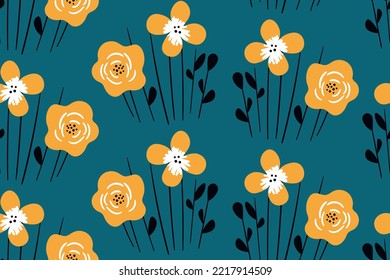 Seamless floral pattern based on traditional folk art ornaments. Art flowers on color background. Scandinavian style. Sweden nordic style. Vector illustration. Simple minimalistic pattern.
