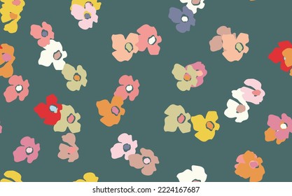 Seamless floral pattern based on traditional folk art ornaments. Colorful flowers on color background. Scandinavian style. Sweden nordic style. Vector illustration. Simple minimalistic pattern.