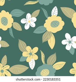 Seamless floral pattern based on traditional folk art ornaments. Art flowers on color background. Scandinavian style. Sweden nordic style. Vector illustration. Simple minimalistic pattern.