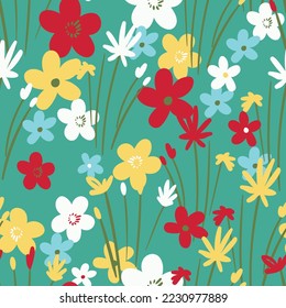 Seamless floral pattern based on traditional folk art ornaments. Colorful flowers on color background. Scandinavian style. Sweden nordic style. Vector illustration. Simple minimalistic pattern.