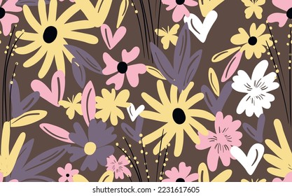 Seamless floral pattern based on traditional folk art ornaments. Colorful flowers on color background. Scandinavian style. Sweden nordic style. Vector illustration. Simple minimalistic pattern.