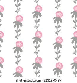 Seamless floral pattern based on traditional folk art ornaments. Colorful flowers on white background. Scandinavian style. Sweden nordic style. Vector illustration. Simple minimalistic pattern.