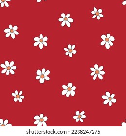 Seamless floral pattern based on traditional folk art ornaments. Colorful chamomile, daisy flowers on color background. Doodle style. Vector illustration. Simple minimalistic pattern.