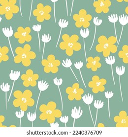 Seamless floral pattern based on traditional folk art ornaments. Colorful flowers on color background. Scandinavian style. Sweden nordic style. Vector illustration. Simple minimalistic pattern.