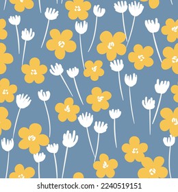 Seamless floral pattern based on traditional folk art ornaments. Colorful flowers on color background. Scandinavian style. Sweden nordic style. Vector illustration. Simple minimalistic pattern.