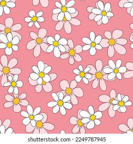 Seamless floral pattern based on traditional folk art ornaments. Colorful chamomile, daisy flowers on color background. Doodle style. Vector illustration. Simple minimalistic pattern.