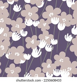 Seamless floral pattern based on traditional folk art ornaments. Colorful flowers on color background. Scandinavian style. Sweden nordic style. Vector illustration. Simple minimalistic pattern.
