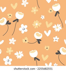 Seamless floral pattern based on traditional folk art ornaments. Colorful flowers on color background. Scandinavian style. Sweden nordic style. Vector illustration. Simple minimalistic pattern.