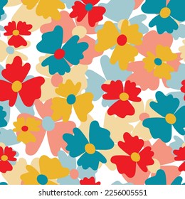 Seamless floral pattern based on traditional folk art ornaments. Colorful flowers on color background. Scandinavian style. Sweden nordic style. Vector illustration. Simple minimalistic pattern.