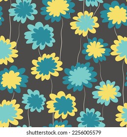 Seamless floral pattern based on traditional folk art ornaments. Colorful flowers on color background. Scandinavian style. Sweden nordic style. Vector illustration. Simple minimalistic pattern.