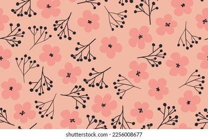 Seamless floral pattern based on traditional folk art ornaments. Art flowers on color background. Scandinavian style. Sweden nordic style. Vector illustration. Simple minimalistic pattern.