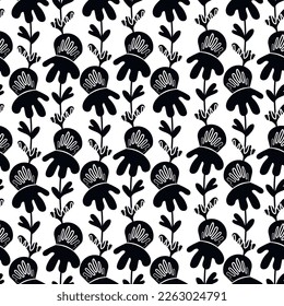 Seamless floral pattern based on traditional folk art ornaments. Black flowers on white background. Scandinavian style. Sweden nordic style. Monochrome vector illustration for fabric, textile.