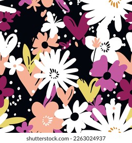 Seamless floral pattern based on traditional folk art ornaments. Colorful flowers on color background. Scandinavian style. Sweden nordic style. Vector illustration. Simple minimalistic pattern.