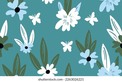 Nahtlose Blumenmuster auf der Grundlage traditioneller Volkskunst-Ornamente. Farbige Blumen auf buntem Hintergrund. Skandinavischer Stil. Schweden nordischen Stil. Vektorgrafik. Einfaches minimalistisches Muster.
