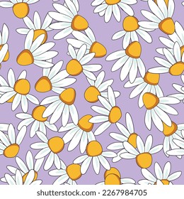 Seamless floral pattern based on traditional folk art ornaments. Colorful chamomile, daisy flowers on color background. Scandinavian style. Vector illustration. Simple minimalistic pattern.