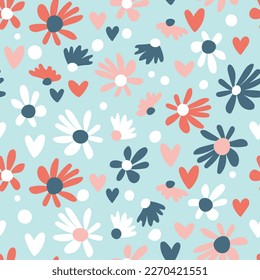 Seamless floral pattern based on traditional folk art ornaments. Colorful flowers on color background. Scandinavian style. Sweden nordic style. Vector illustration. Simple minimalistic pattern.