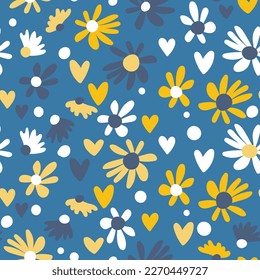 Seamless floral pattern based on traditional folk art ornaments. Colorful flowers on color background. Scandinavian style. Sweden nordic style. Vector illustration. Simple minimalistic pattern.