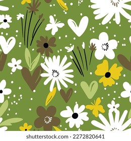 Seamless floral pattern based on traditional folk art ornaments. Colorful flowers on color background. Scandinavian style. Sweden nordic style. Vector illustration. Simple minimalistic pattern.