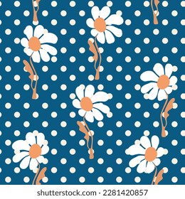 Seamless floral pattern based on traditional folk art ornaments. Colorful chamomile, daisy flowers on color background. Scandinavian style. Vector illustration. Simple minimalistic pattern.