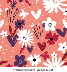 Seamless floral pattern based on traditional folk art ornaments. Colorful flowers on color background. Scandinavian style. Sweden nordic style. Vector illustration. Simple minimalistic pattern.