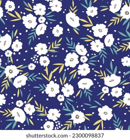 Seamless floral pattern based on traditional folk art ornaments. Colorful flowers on color background. Scandinavian style. Sweden nordic style. Vector illustration. Simple minimalistic pattern.