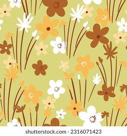Seamless floral pattern based on traditional folk art ornaments. Colorful flowers on color background. Scandinavian style. Sweden nordic style. Vector illustration. Simple minimalistic pattern.