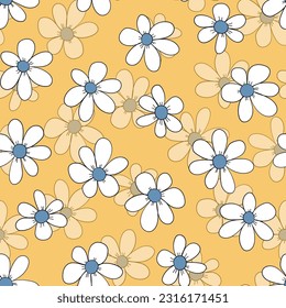 Seamless floral pattern based on traditional folk art ornaments. Colorful chamomile, daisy flowers on color background. Doodle style. Vector illustration. Simple minimalistic pattern.