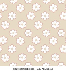 Seamless floral pattern based on traditional folk art ornaments. Colorful flowers on color beige background. Scandinavian style. Sweden nordic style. Vector illustration. Simple minimalistic pattern.