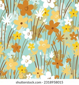 Seamless floral pattern based on traditional folk art ornaments. Colorful flowers on color background. Scandinavian style. Sweden nordic style. Vector illustration. Simple minimalistic pattern.