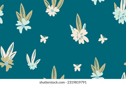 Seamless floral pattern based on traditional folk art ornaments. Colorful flowers on color background. Scandinavian style. Sweden nordic style. Vector illustration. Simple minimalistic pattern.