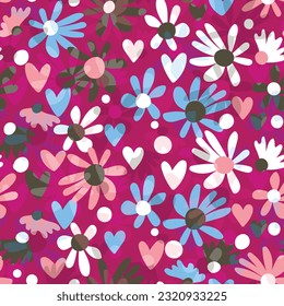 Seamless floral pattern based on traditional folk art ornaments. Colorful flowers on color background. Scandinavian style. Sweden nordic style. Vector illustration. Simple minimalistic pattern.