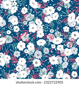 Seamless floral pattern based on traditional folk art ornaments. Colorful flowers on color background. Scandinavian style. Sweden nordic style. Vector illustration. Simple minimalistic pattern.