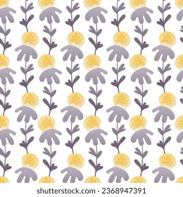Seamless floral pattern based on traditional folk art ornaments. Colorful flowers on color background. Scandinavian style. Sweden nordic style. Vector illustration. Simple minimalistic pattern.