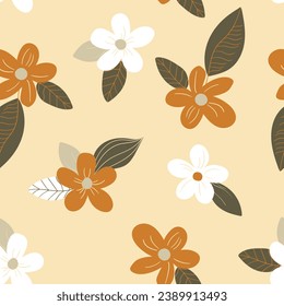 Seamless floral pattern based on traditional folk art ornaments. Art flowers on color background. Scandinavian style. Sweden nordic style. Vector illustration. Simple minimalistic pattern.