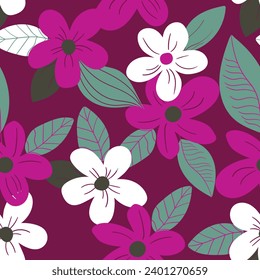 Seamless floral pattern based on traditional folk art ornaments. Art flowers on color background. Scandinavian style. Sweden nordic style. Vector illustration. Simple minimalistic pattern.
