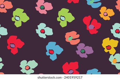 Seamless floral pattern based on traditional folk art ornaments. Colorful flowers on color background. Scandinavian style. Sweden nordic style. Vector illustration. Simple minimalistic pattern.