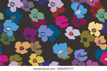 Seamless floral pattern based on traditional folk art ornaments. Colorful flowers on color background. Scandinavian style. Sweden nordic style. Vector illustration. Simple minimalistic pattern.