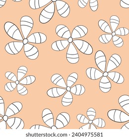 Seamless floral pattern based on traditional folk art ornaments. Colorful chamomile, daisy flowers on color background. Doodle style. Vector illustration. Simple minimalistic pattern.