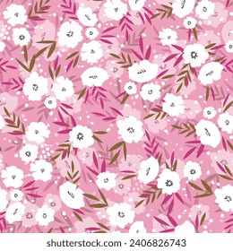 Seamless floral pattern based on traditional folk art ornaments. Colorful flowers on color background. Scandinavian style. Sweden nordic style. Vector illustration. Simple minimalistic pattern.