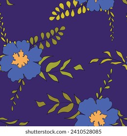 Seamless floral pattern based on traditional folk art ornaments. Colorful flowers on color background. Scandinavian style. Sweden nordic style. Vector illustration. Simple minimalistic pattern.