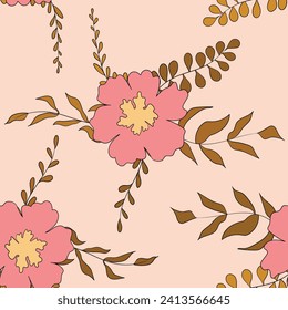 Seamless floral pattern based on traditional folk art ornaments. Colorful flowers on color background. Scandinavian style. Sweden nordic style. Vector illustration. Simple minimalistic pattern.