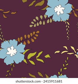 Seamless floral pattern based on traditional folk art ornaments. Colorful flowers on color background. Scandinavian style. Sweden nordic style. Vector illustration. Simple minimalistic pattern.