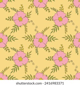Seamless floral pattern based on traditional folk art ornaments. Colorful flowers on color background. Scandinavian style. Sweden nordic style. Vector illustration. Simple minimalistic pattern.