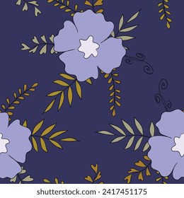 Seamless floral pattern based on traditional folk art ornaments. Colorful flowers on color background. Scandinavian style. Sweden nordic style. Vector illustration. Simple minimalistic pattern.