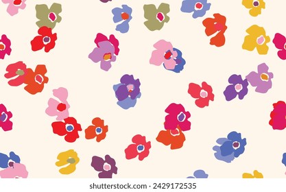 Seamless floral pattern based on traditional folk art ornaments. Colorful flowers on color background. Scandinavian style. Sweden nordic style. Vector illustration. Simple minimalistic pattern.