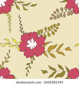 Seamless floral pattern based on traditional folk art ornaments. Colorful flowers on color background. Scandinavian style. Sweden nordic style. Vector illustration. Simple minimalistic pattern.