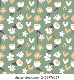 Seamless floral pattern based on traditional folk art ornaments. Colorful flowers on color background. Scandinavian style. Sweden nordic style. Vector illustration. Simple minimalistic pattern.
