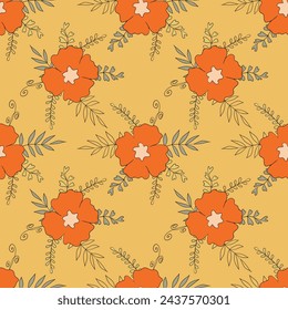 Seamless floral pattern based on traditional folk art ornaments. Colorful flowers on color background. Scandinavian style. Sweden nordic style. Vector illustration. Simple minimalistic pattern.