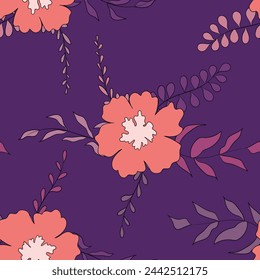 Seamless floral pattern based on traditional folk art ornaments. Colorful flowers on color background. Scandinavian style. Sweden nordic style. Vector illustration. Simple minimalistic pattern.